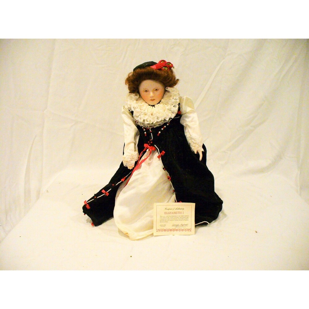 Queen Elizabeth 1 England Franklin Heirloom 1982 Porcelain Doll + Kaiser Stand